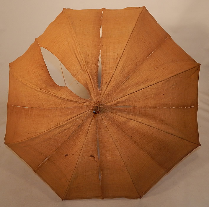 Edwardian Ecru Burlap Cloth Natural Straw Basketweave Handle Summer Parasol
This unique pretty parasol summer umbrella has a pagoda dome shape, with metal frame inside and is unlined. 