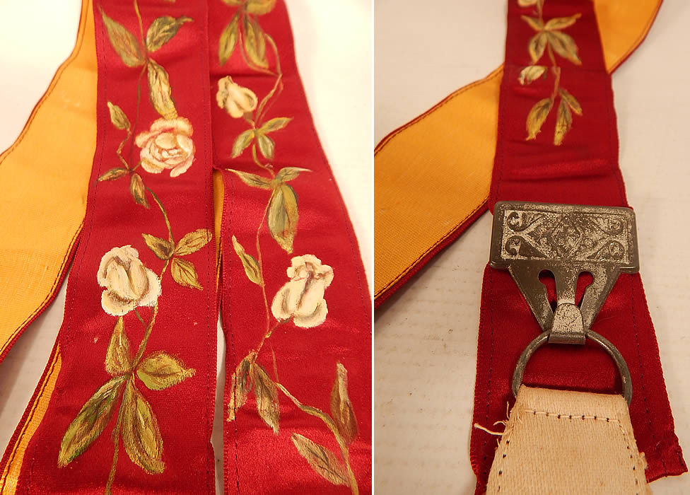 Victorian Red Silk Hand Painted White Rosebud Roses Suspenders Braces
The suspenders measure 38 inches long and are 1 1/2 inches wide. These beautiful braces suspenders are in good condition, with only a few tiny pin holes on the yellow lining backing. This is truly a wonderful piece of men's Victoriana wearable textile art!
