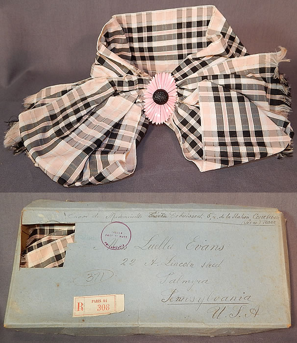 Vintage Paris France Pink & Black Plaid Check Silk Ribbon Bow High Neck Collar
 It is made of pale pink and black silk ribbon with plaid check pattern. 