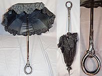 Edwardian Art Nouveau Antique Black Lace Carved Ebony Wood Handle Parasol
