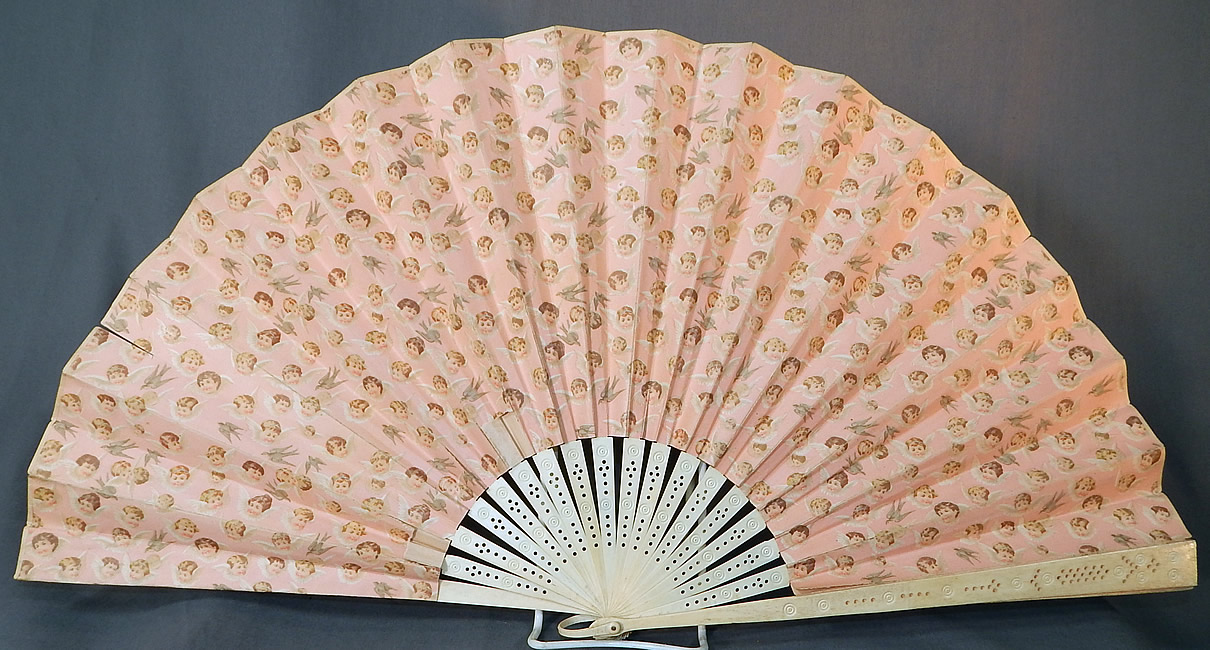 Victorian Baby Cherubs Angel Doves Print Pink Paper Pleated Large Folding Fan
The fan measures 13 inches long and 24 inches wide when opened. 