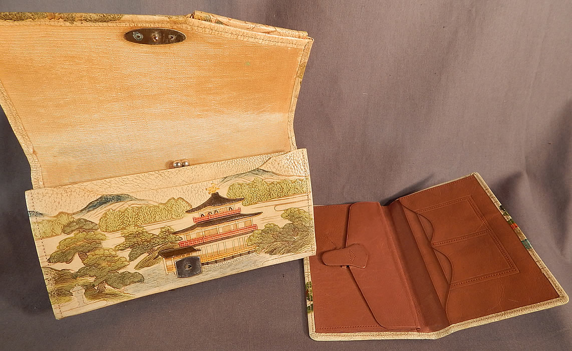 Vintage Antique Japanese Hand Tooled Leather Painted Clutch Purse & Wallet
The purse measures 8 inches long and 4 inches wide. Included is a matching billfold style wallet with a scenic water, boat motif and is leather lined. 
