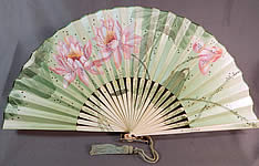Vintage Art Nouveau Asian Hand Painted Paper Lotus Flower Sequin Pleated Folding Fan
