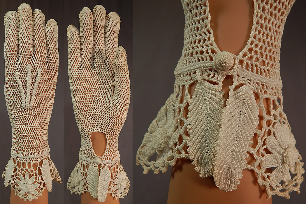 Vintage Bridal Wedding White Floral Leaf Hand Knit Crochet Lace Gauntlet Gloves
This vintage pair of bridal wedding white floral leaf hand knit crochet lace gauntlet gloves date from the 1920s. They are made of an off white cream color hand knit crochet lace, with a sheer net meshwork style and a raised three dimensional floral leaf pattern design on the cuffs. 