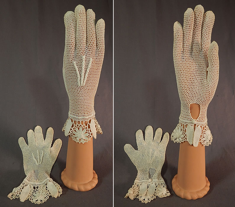 Vintage Bridal Wedding White Floral Leaf Hand Knit Crochet Lace Gauntlet Gloves
These beautiful bridal wedding gorgeous gloves have a gauntlet style with a flared wide cuff, tiny crochet button closure at the wrist and are sheer, unlined. The gloves measure 9 1/2 inches long, 3 inches wide across the hand and have a 6 inch wrist. They are in excellent condition. This is truly a wonderful piece of wearable glove art!