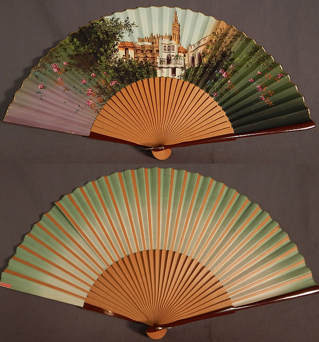 Vintage Hand Painted Pleated Paper Seville Spain Cathedral Souvenir Folding Fan
It is in good condition, with only a few tiny tears in the folds along the top. This is truly a wonderful piece of Spanish fan art! 