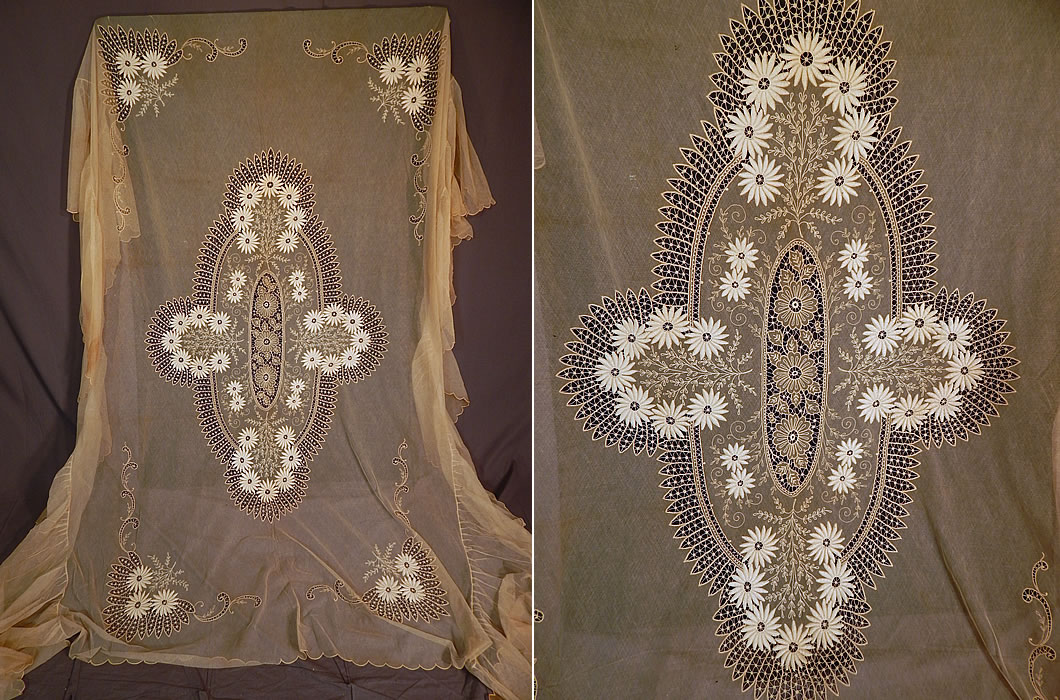 Antique Cream Net Tambour Embroidery Lace Daisies Drawn Cutwork Bedspread
This antique cream net tambour embroidery lace daisies drawn cutwork bedspread dates from the 1920s. 