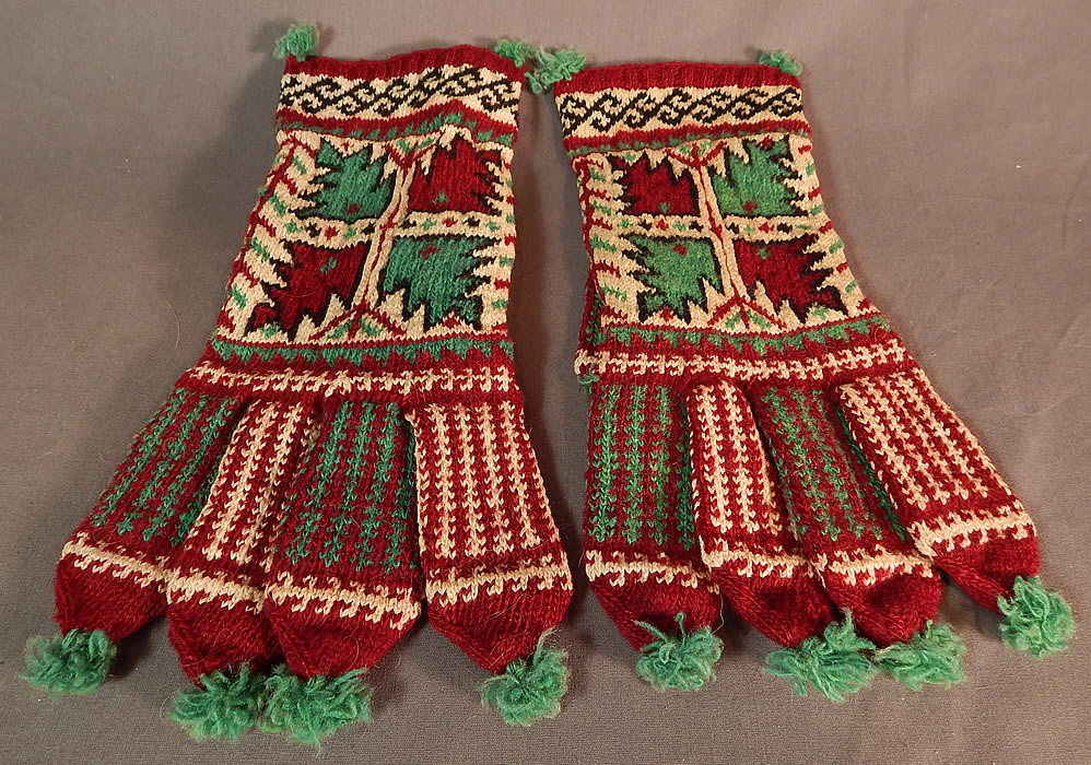 Vintage Antique Turkish Colorful Ethnic Hand Knit Wool Winter Gloves Mittens
This pair of antique Turkish Ottoman colorful ethnic hand knit wool winter gloves mittens date from the late 19th century. They are hand knit with colorful shades of green, red and white wool done in decorative ethnic abstract folk pattern designs. 