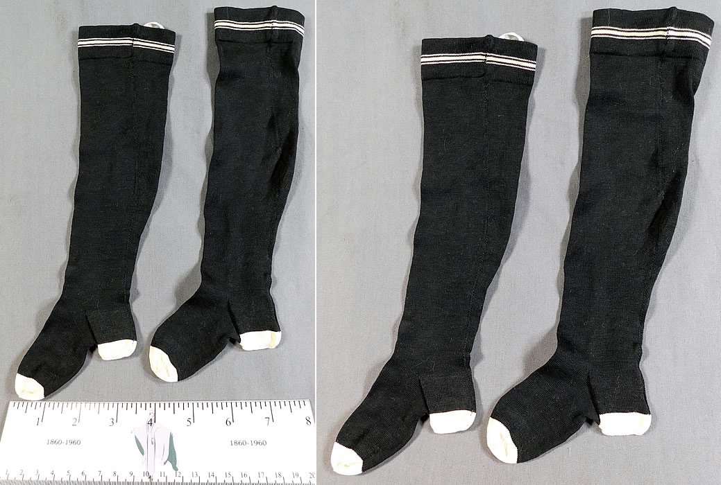 Victorian Black & White Silk Knit Childrens Knee High Socks Stockings
This pair of antique Victorian era black and white silk knit children's knee high socks stockings date from 1900. They are made of black silk knit with a contrasting white striped pattern design around the top. These charming child's long knee length socks stockings have ribbed tops and white trimmed reinforced heels, toes.