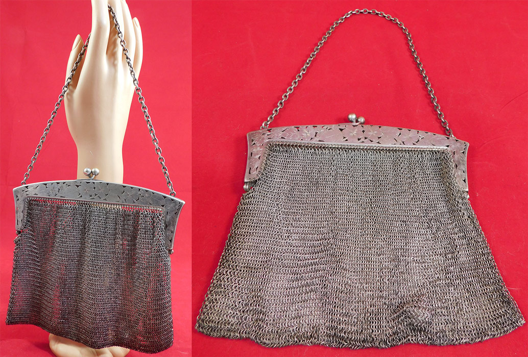 Vintage Ellessem German Alpacca Silver Mesh Chainmail Art Nouveau Floral Purse
It is made of a Alpacca stamped German nickel silver plate mesh finely linked chainmail.