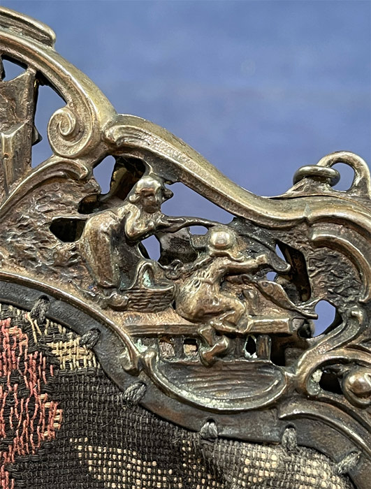 Antique Dutch Figural Fishing Boat Silver Plate Repousse Cutwork Frame Tapestry Purse
It is in good condition, with only some slight tarnish discoloration on the silver frame which has no markings and the metal has not been tested. This is truly a wonderful piece of purse art.