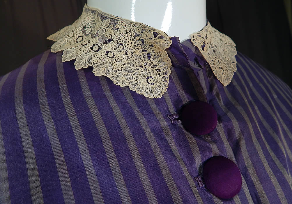 Victorian Civil War Purple Lavender Stripe Silk Hoop Skirt Train Ball Gown Dress
here is black lace trim edging the top, sleeve cuffs, skirt and a white Brussels point de gaze lace collar. 