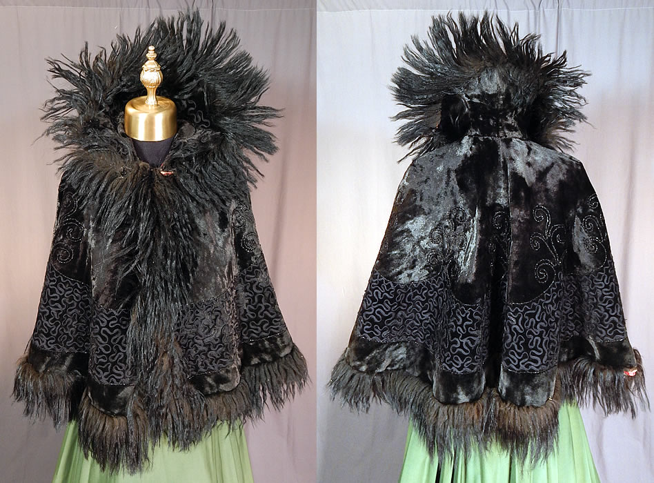 Victorian Black Plush Velvet Jet Beaded Soutache Fur Trim Winter Cloak Cape
It is made of a heavy black plush velvet fabric, with jet beading, black soutache work raised trim done in decorative spiral scrolling designs and a black fur trim edging. 