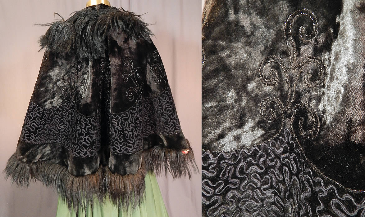 Victorian Black Plush Velvet Jet Beaded Soutache Fur Trim Winter Cloak Cape
The cape measures 22 inches long, 20 inches across the shoulders and has a 14 inch neck. 