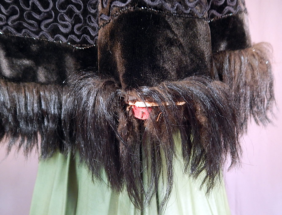 Victorian Black Plush Velvet Jet Beaded Soutache Fur Trim Winter Cloak Cape
It is in good condition, with only some loose missing beading and fur trim (see close-up). This is truly a wonderful piece of antique Victoriana winter mourning wearable art! 