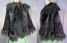 Victorian Black Plush Velvet Jet Beaded Soutache Fur Trim Winter Cloak Cape
