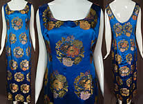 Vintage Blue Silk Chinese Chrysanthemum Brocade Sheath Dress Evening Gown
