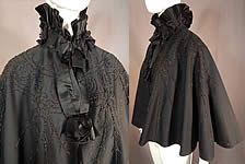 Victorian Black Wool Jet Beaded Pleated Silk High Neck Collar Winter Cloak Cape
