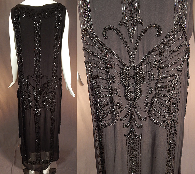 Vintage Art Deco Black Silk Beaded Butterfly Fringed Flapper Dress
The dress measures 56 inches long, with a 42 inch bust, 42 inch waist and 42 inch hips. It is in good condition, with only a loose missing beads. This is truly an exceptional piece of Art Deco wearable beaded textile art!