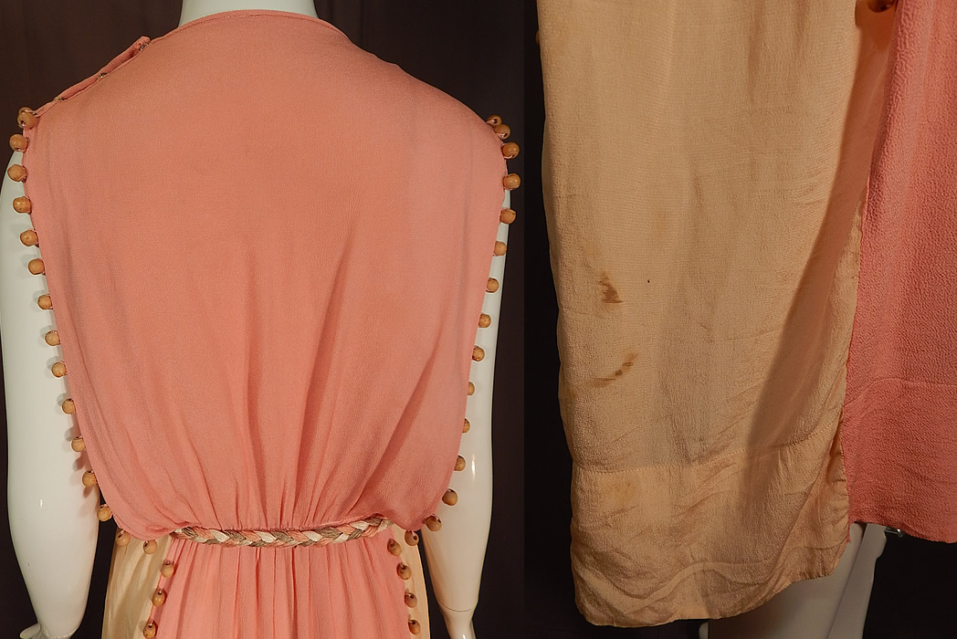 Vintage Grecian Goddess Pink Silk Crepe Wood Beaded Belted Tabard Tunic Dress
The dress measures 51 inches long, with a 36 inch bust, 28 inch waist and 56 inch hips. It is in good as-is condition, with only a small faint stain and frayed hole on the bottom side skirt (see close-up). This is truly a rare and wonderful piece of wearable art!