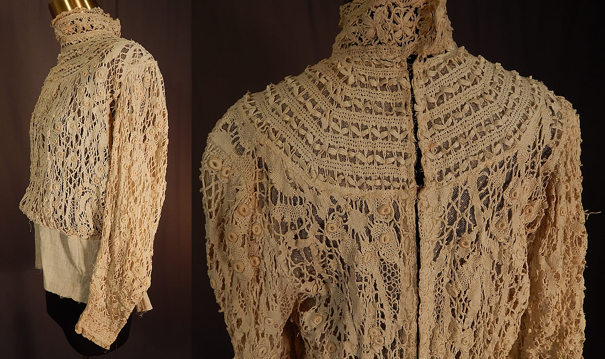 Edwardian Antique Cream Cluny Bobbin Lace Peplum Blouse Shirt Top
It is in good as-is condition, with a few small breaks in the lace and has not been cleaned, with several small faint discoloration stains scattered. This is truly a wonderful piece of antique textile lace wearable art! 