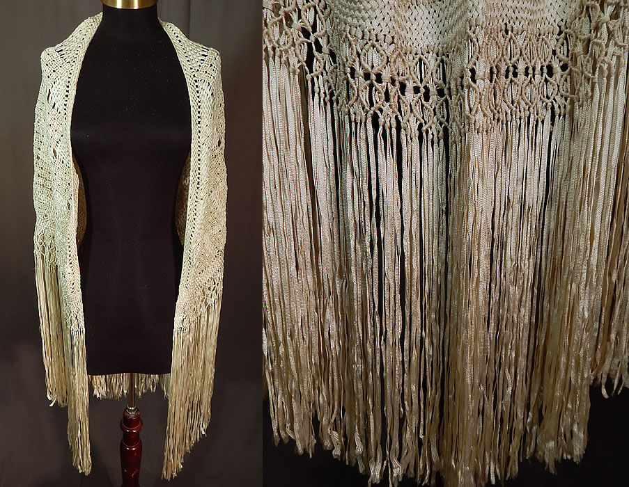 Vintage White Boho Macrame Crochet Silk Ribbon Fringe Flapper Wedding Shawl
This fabulous flapper wedding shawl scarf wrap has a half circle crescent shape, with hand knotted white silk fringe along the sides and bottom only. 