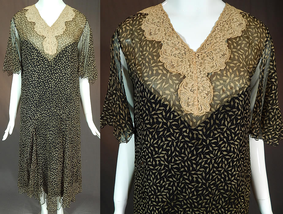 Vintage Black & Cream Leaf Print Silk Chiffon Lace Collar Drop Waist Dress
This vintage black and cream leaf print silk chiffon lace collar drop waist dress dates from the 1920s. It is made of a black sheer silk chiffon fabric, with an ecru cream color leaf print pattern design and lace trim front neckline. 