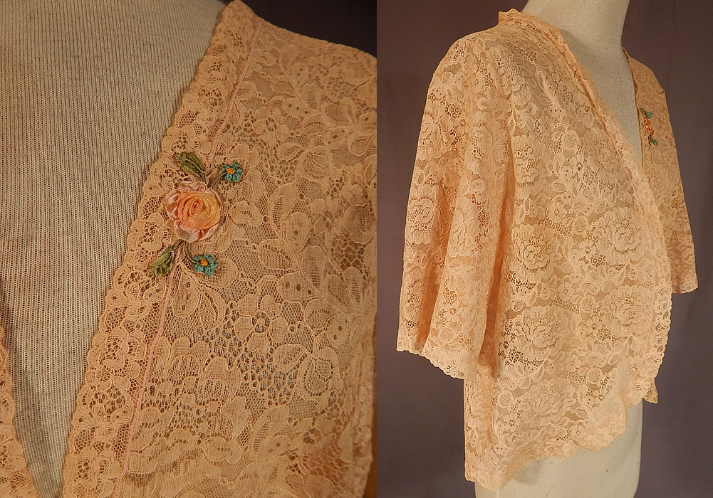 Vintage Silk Pastel Rosette Trim Cream Lace Bolero Boudoir Bed Jacket
This lovely lace lingerie boudoir bed jacket has a short bolero style, with a scalloped lace ruffle trim edging cut away open front, no closure, full short sleeves and is sheer, unlined. 