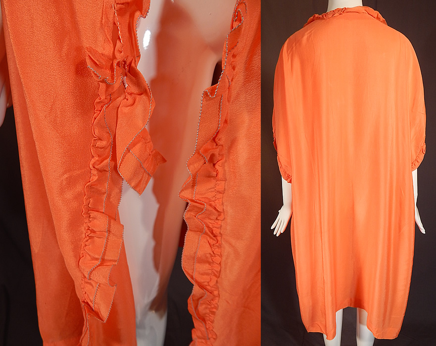 Vintage Orange Silk Ruffle Boudoir Lingerie Flapper Peignoir Dressing Gown Robe
The robe measure 42 inches long, with a 50 inch bust, 50 inch waist and 50 inch hips. It is in good condition, with only a small area of loose ruffle trim edging near the front opening (see close-up). This is truly a wonderful piece of flapper lingerie boudoir wearable art! 