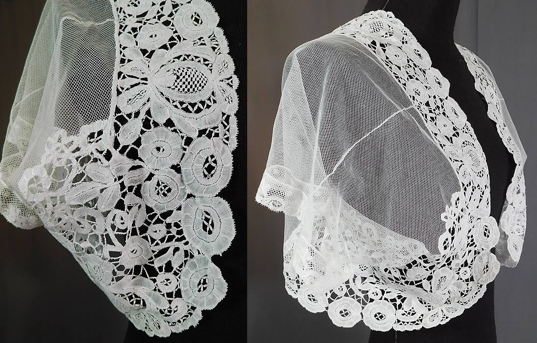 Edwardian White Net Duchesse Bobbin Tape Lace Bolero Jacket Shrug Top
This lovely lace ladies short cropped bolero jacket shrug style top has an open front with no closure, short cap sleeves and is sheer, unlined. 