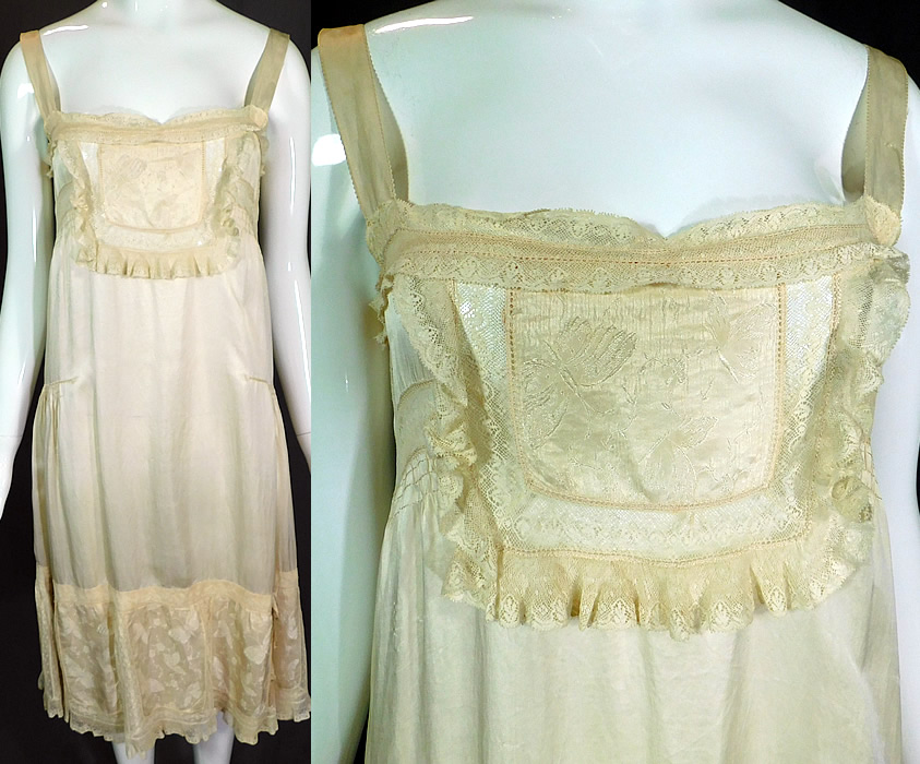 Vintage Cream Silk Damask Butterfly Rosette Lace Lingerie Negligee Chemise Slip Dress
This vintage cream silk damask butterfly rosette lace lingerie negligee chemise slip dress dates from the 1920s. It is made of an off white cream color silk fabric with damask weave woven butterfly design on the front top and bottom skirt, lace trim edging and a silk ribbon rosette flower trim on the bottom side skirt. 