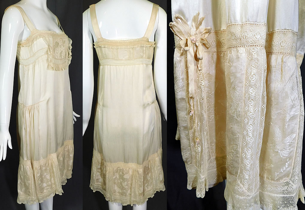 Vintage Cream Silk Damask Butterfly Rosette Lace Lingerie Negligee Chemise Slip Dress
This lovely lingerie chemise negligee nightgown style slip dress is loose fitting, has silk ribbon shoulder straps, a drawstring adjustable neckline, side smocking gathering on the hips and is unlined.