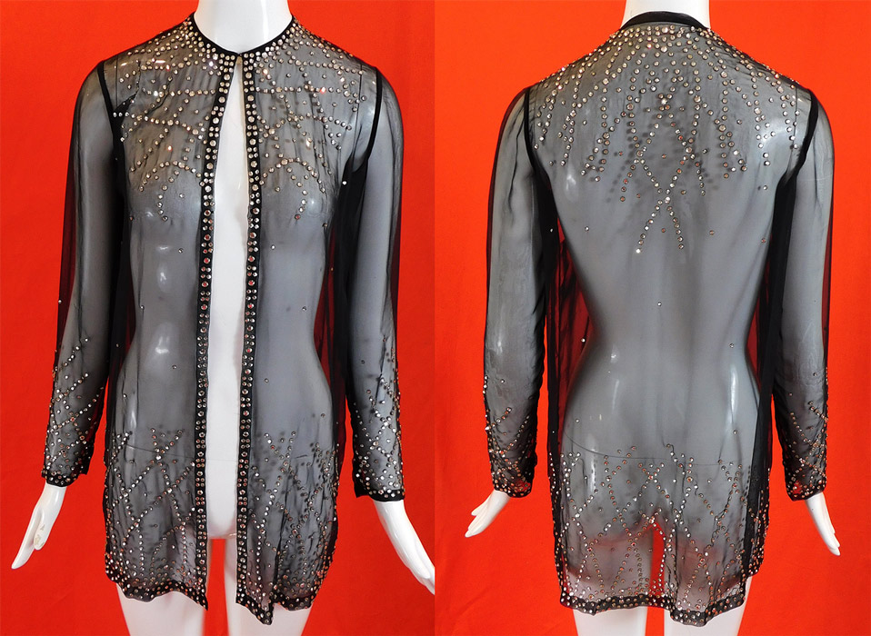 Vintage Art Deco Style Sheer Black Rhinestone Beaded Glitzy Evening Coat Jacket
It is made of a black sheer nylon fabric, with metal prong set rhinestone beading done an Art Deco inspired criss crossing X pattern design.