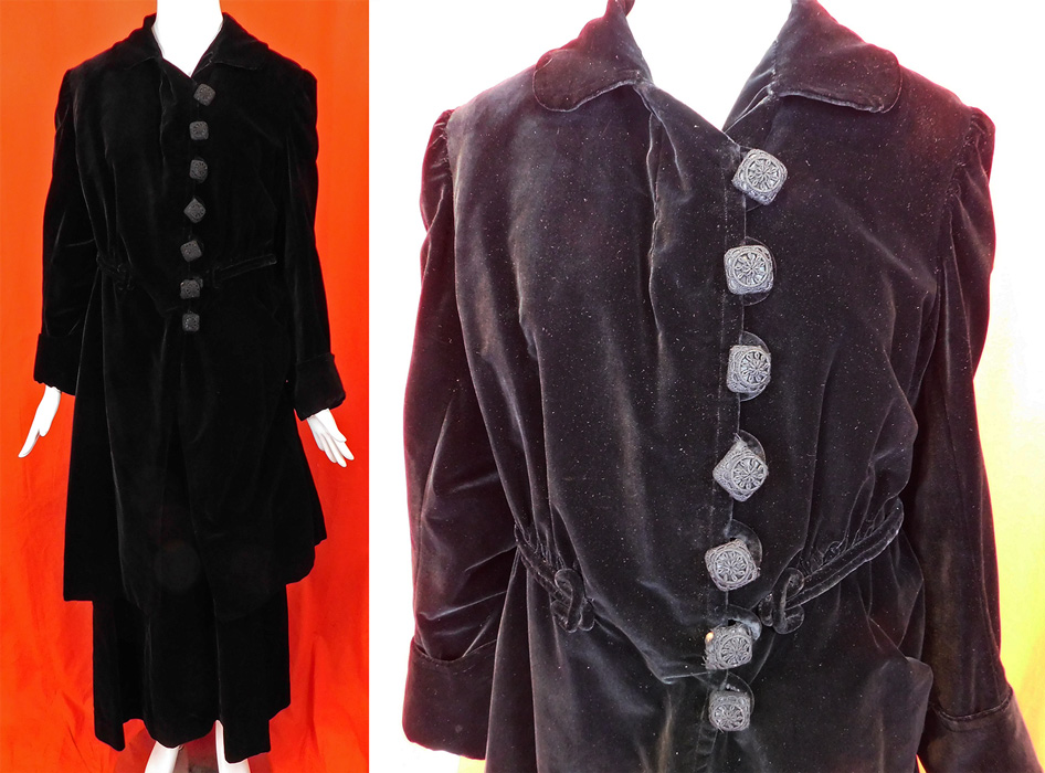 Edwardian Black Velvet Crochet Button Trim Winter Walking Suit Long Coat Jacket Skirt
This antique Edwardian era black velvet crochet button trim winter walking suit long coat jacket and skirt dates from 1910. It is made of a black silk velvet fabric with black velvet twisted raised rope trim accents on the waist. 