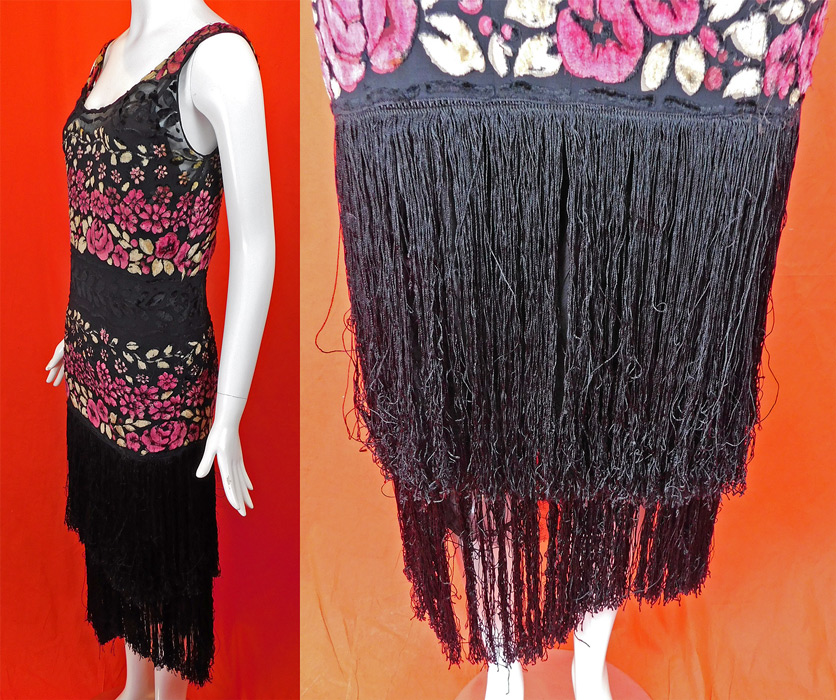 Vintage Martha Weathered Floral Devore Voided Velvet Silk Fringe Flapper Tango Dress
It is made of a sheer black silk chiffon pink and cream floral vine leaf print voided velvet burnout devore fabric and black silk fringe trim on the bottom. 