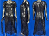 Vintage 1920s Art Deco Navy Blue Silk Filet Lace Net Cut Out Sleeve Drop Waist Dress
