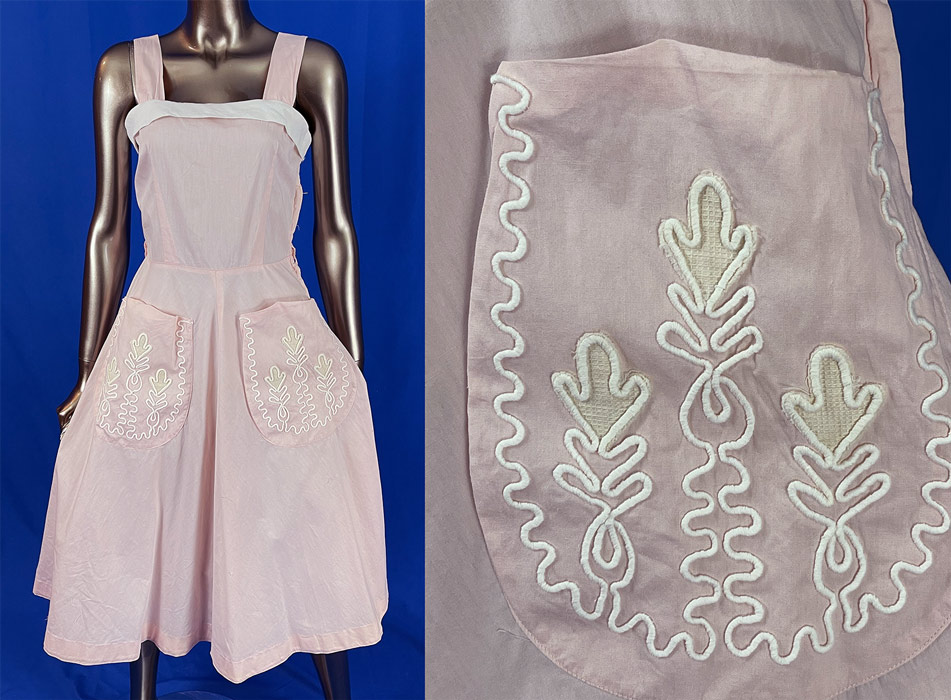 Vintage Pink Cotton White Pique Soutache Embroidery Trim Circle Skirt Sun Dress
This pretty pink summer sun dress has a squared neckline, shoulder straps, deep patch pockets on the full circle skirt, side zipper closure and is unlined. The dress measures 43 inches long, with a 36 inch chest, 27 inch waist and 60 inch hips. It is in good gently worn condition. This is truly a wonderful piece of custom handmade wearable art.