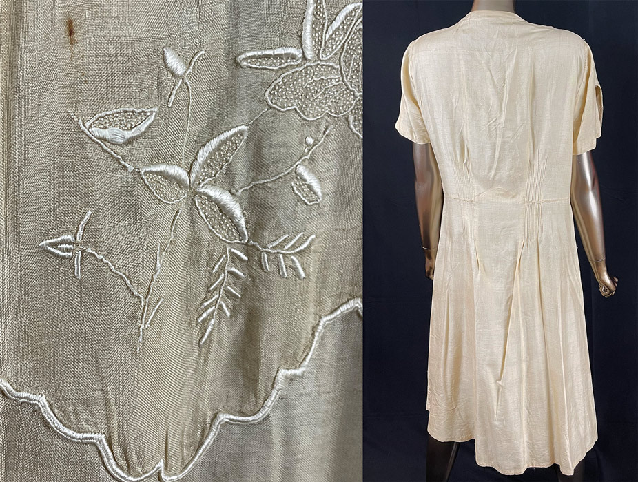 Vintage Pongee Raw Silk Drawn Thread Work French Knot Embroidery Tie Neck Dress
It is in good condition, with only a tiny faint age spot stain on the front skirt (see close-up). This is truly a wonderful piece of Art Deco wearable art.