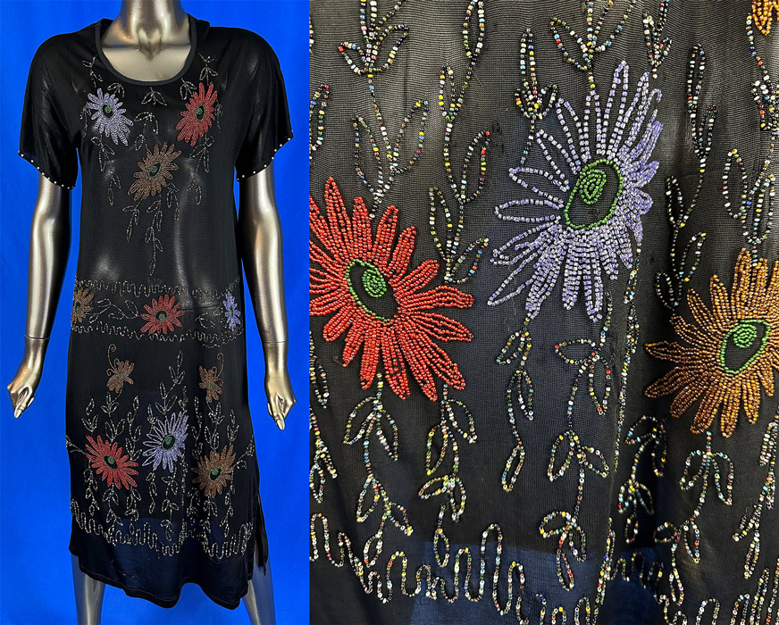 Vintage Art Deco Black Silk Jersey Knit Multicolor Beaded Daisy Flower Dress
This beautiful beaded drop waist dress is loose fitting, with short sleeves, a pull over the head style and is sheer, unlined. The dress measures 44 inches long, with a 40 inch chest, 40 inch waist and 40 inch hips.