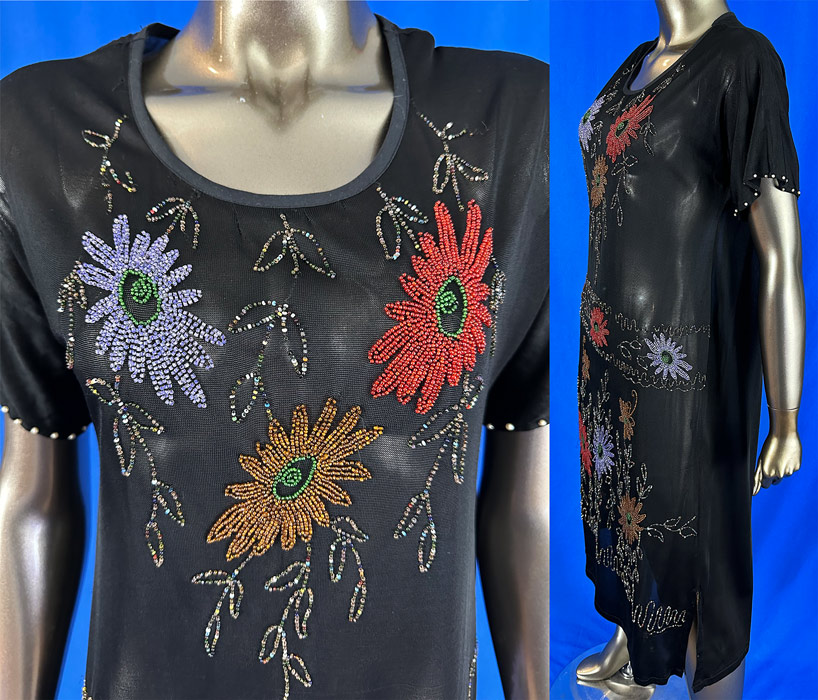 Vintage Art Deco Black Silk Jersey Knit Multicolor Beaded Daisy Flower Dress
This vintage Art Deco black silk jersey knit multicolor beaded daisy flower dress dates from the 1920s. It is made of a black sheer silk jersey knit fabric with multicolored bead work of daisy flowers, vine leaves, spiral scrolling designs on the front and white pearl beading around the sleeve cuffs. 