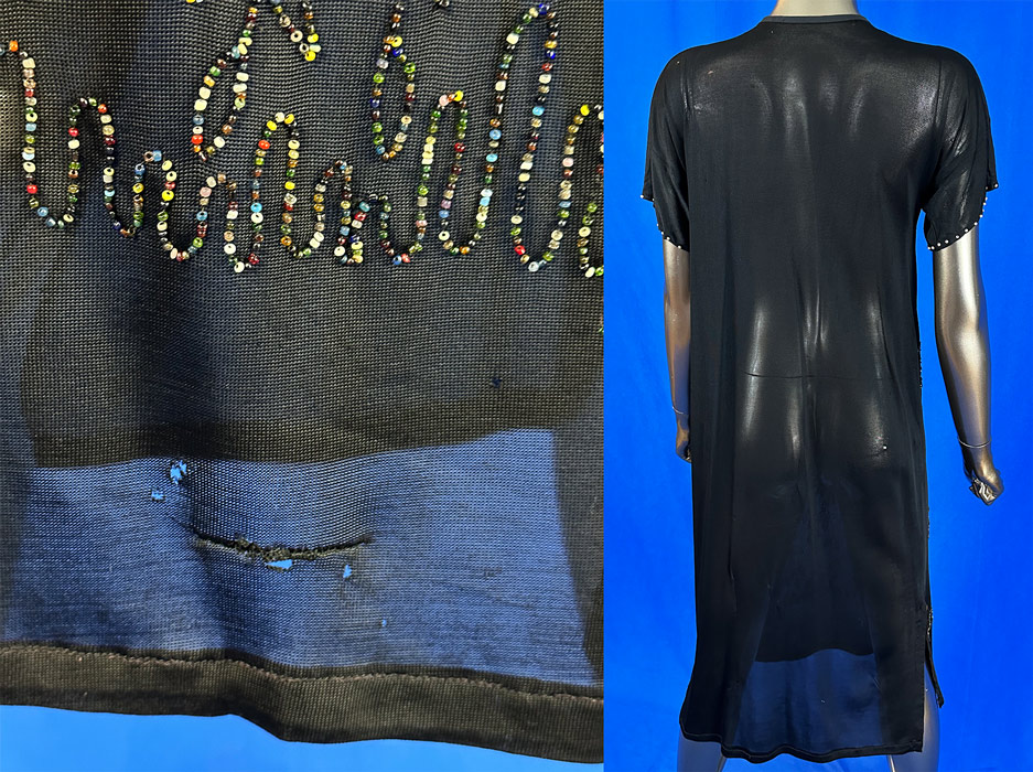 Vintage Art Deco Black Silk Jersey Knit Multicolor Beaded Daisy Flower Dress
It is in good as-is condition, with some loose missing beads, several tiny frayed pin holes, snags pulls scattered and a mended repair on the bottom front skirt hem (see close-ups). This is truly an amazing piece of Art Deco wearable art