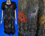 Vintage 1920s Art Deco Vintage 1920s Art Deco Black Silk Jersey Knit Multicolor Beaded Daisy Flower Dress
