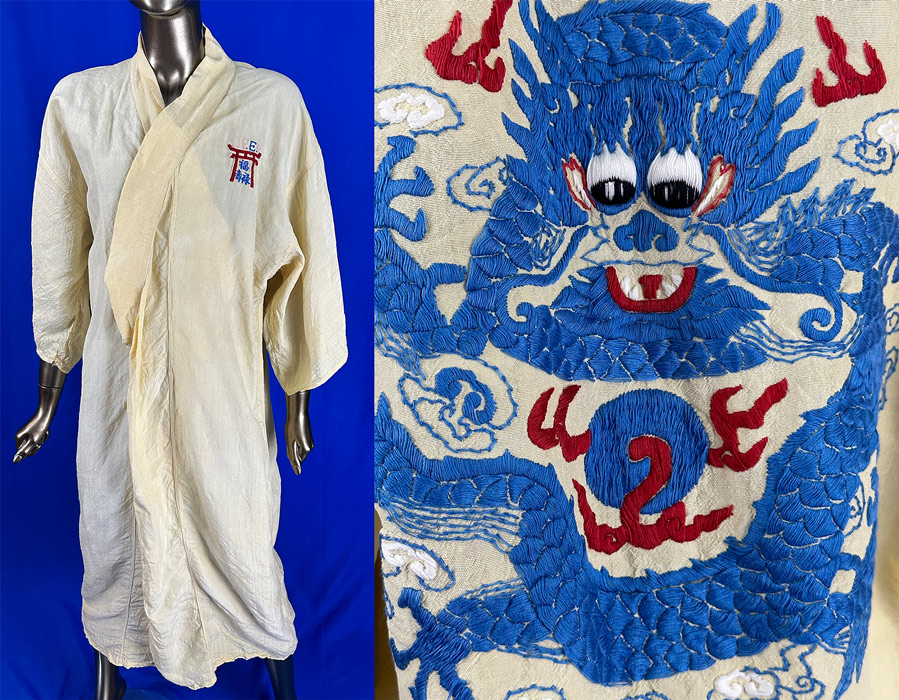 Vintage Chinese Dragon Blue Embroidered Pongee Silk Linen Souvenir Kimono Robe
