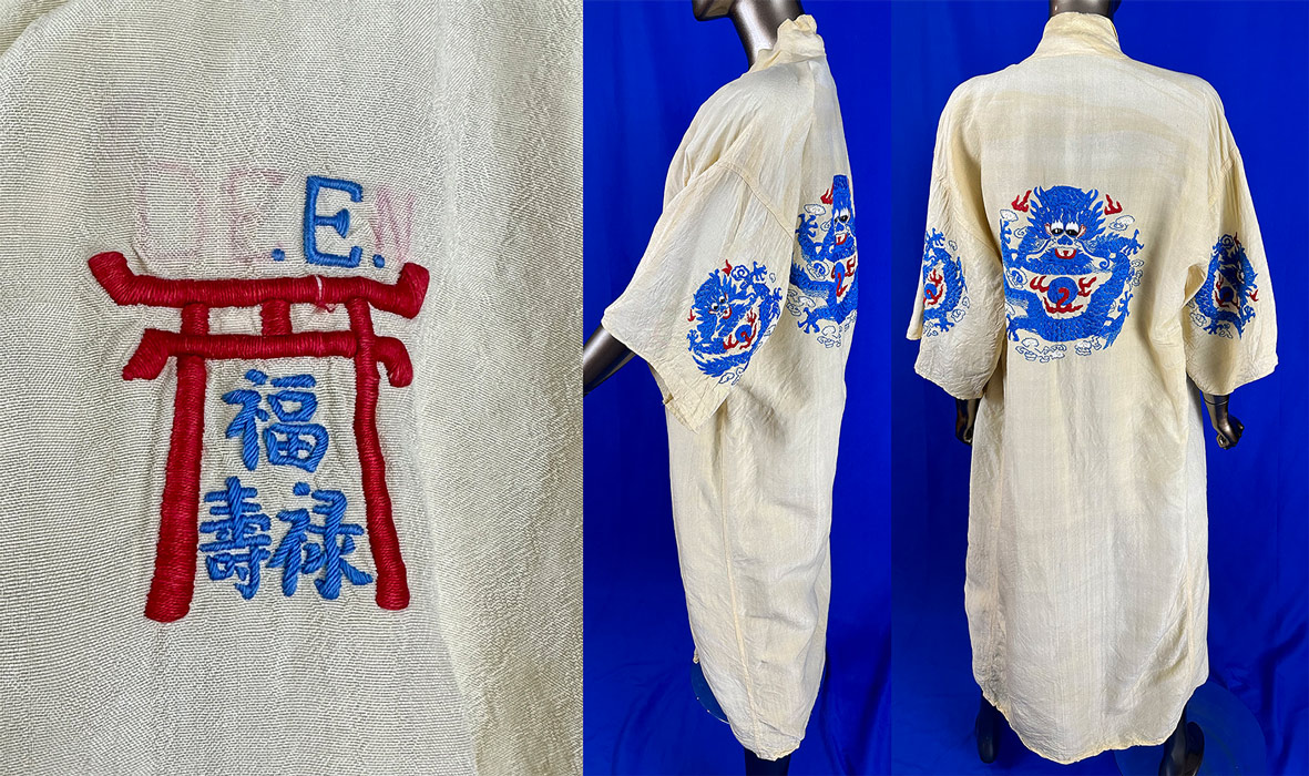 Vintage Chinese Dragon Blue Embroidered Pongee Silk Linen Souvenir Kimono Robe
