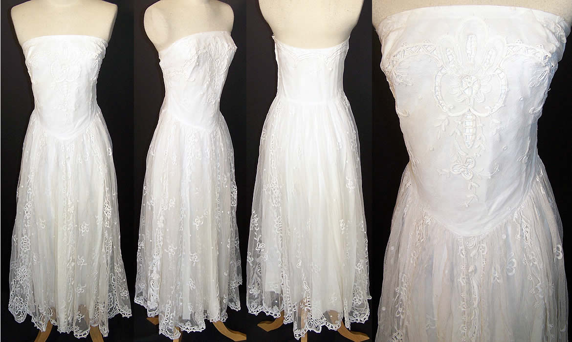 White Tambour Embroidery Net Lace Strapless Dress  Front view.