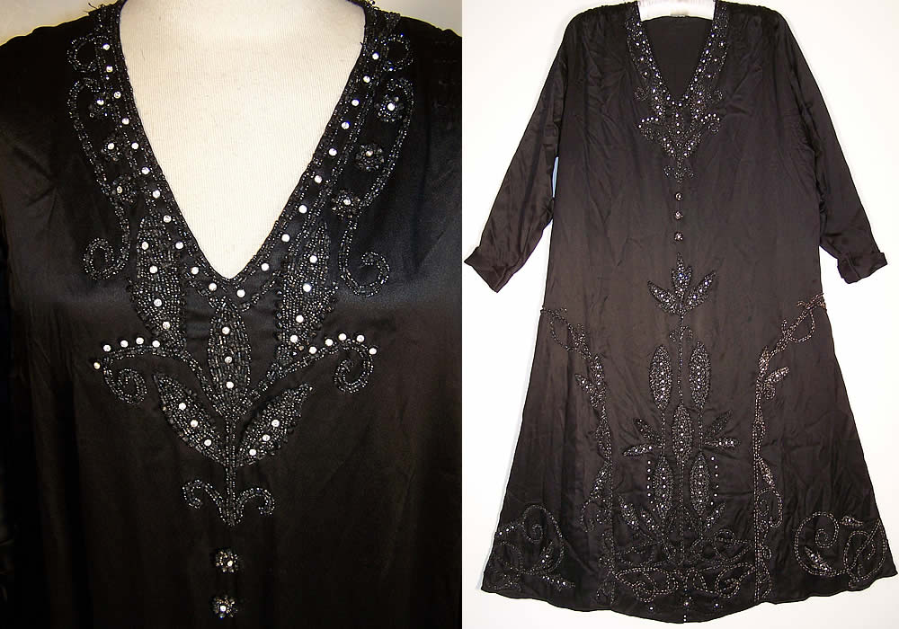 Art Deco Black Silk Beaded Drop Waist Flapper Dress