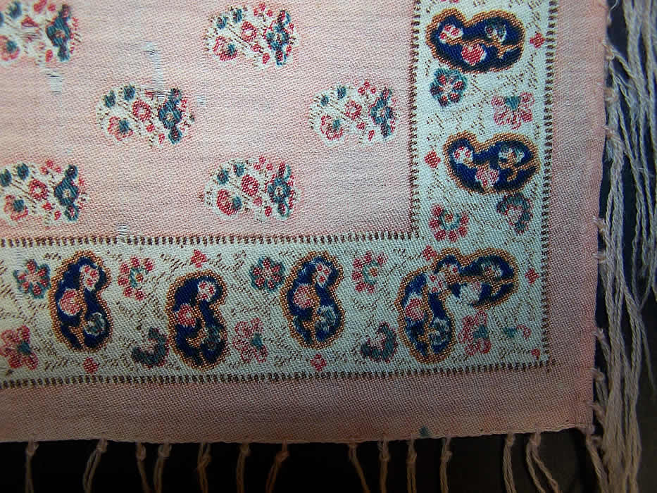 Victorian Pink Challis Wool Roller Print Paisley Shawl Close up.