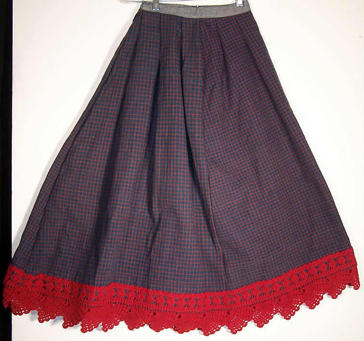 Victorian Blue Red Plaid Wool Winter Petticoat Skirt Close up.