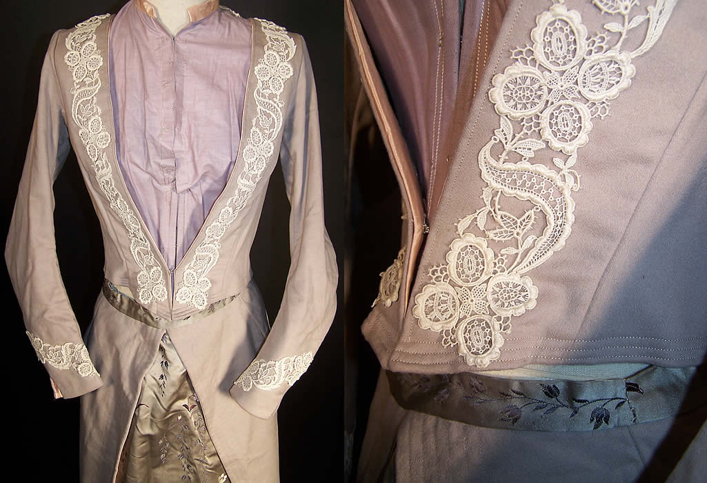 Victorian Mauve Taupe Wool Lace Appliqué Traveling Outfit