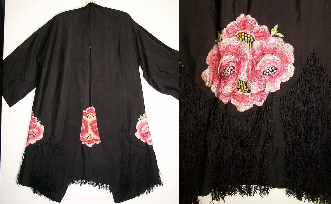 Silk Embroidered Piano Shawl Kimono Robe Coat Close up.